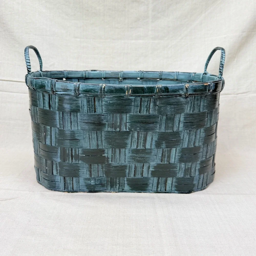 Vintage Dark Green Wicker Storage Basket Oval Handled Basket Cottage Decor